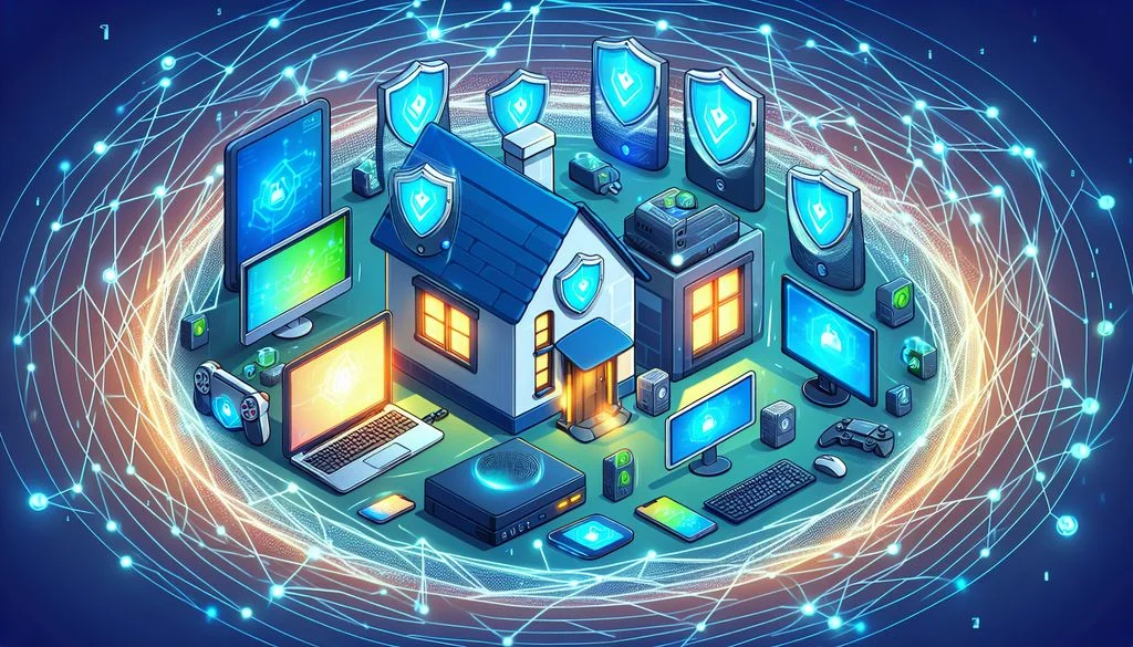 منزل محاط بأيقونات درع وقفل زرقاء متوهجة وأجهزة متصلة فوق شبكة داكنة، مما يعرض شبكة منزلية مشفرة.