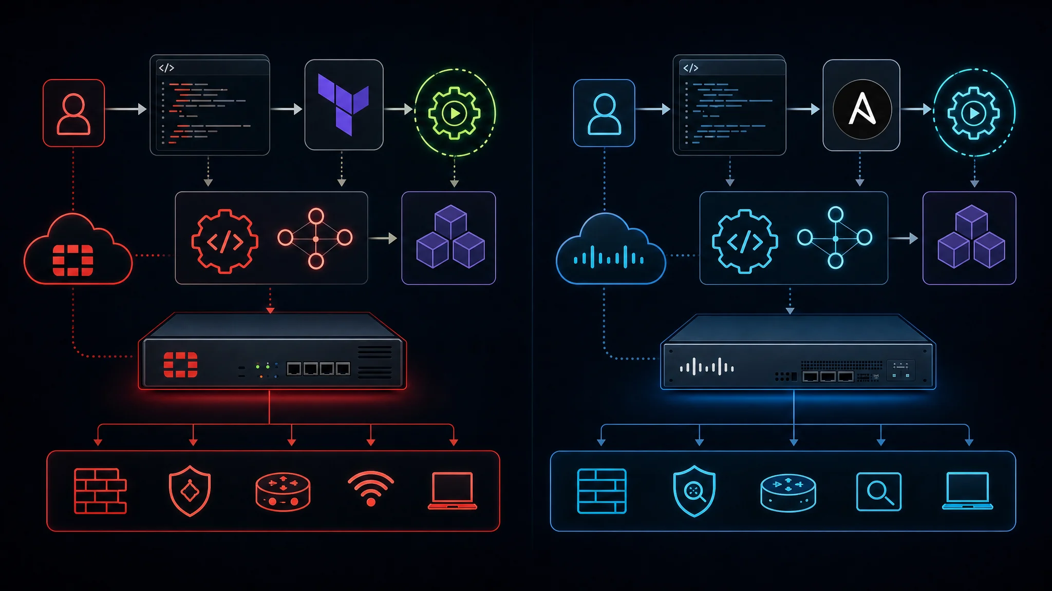 مخطط يقارن بين واجهة برمجة تطبيقات REST الخاصة بـ FortiGate وتدفق عمل أتمتة Terraform مقابل واجهة برمجة تطبيقات مركز إدارة Cisco Firepower ووحدات Ansible لأمن الشبكات ككود