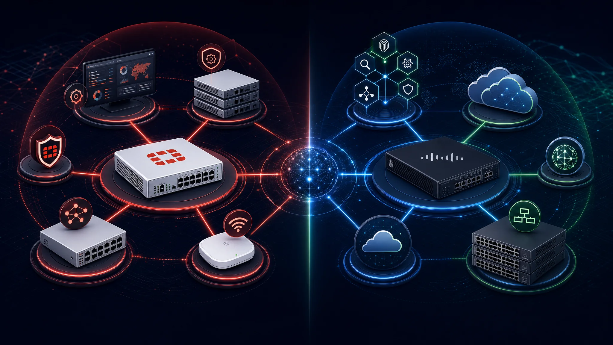 مخطط مقارنة يظهر نظام منتجات Fortinet Security Fabric بما في ذلك FortiGate وFortiSwitch وFortiManager وFortiAP مقابل نظام Cisco Secure بما في ذلك Firepower وCatalyst وSecureX وUmbrella