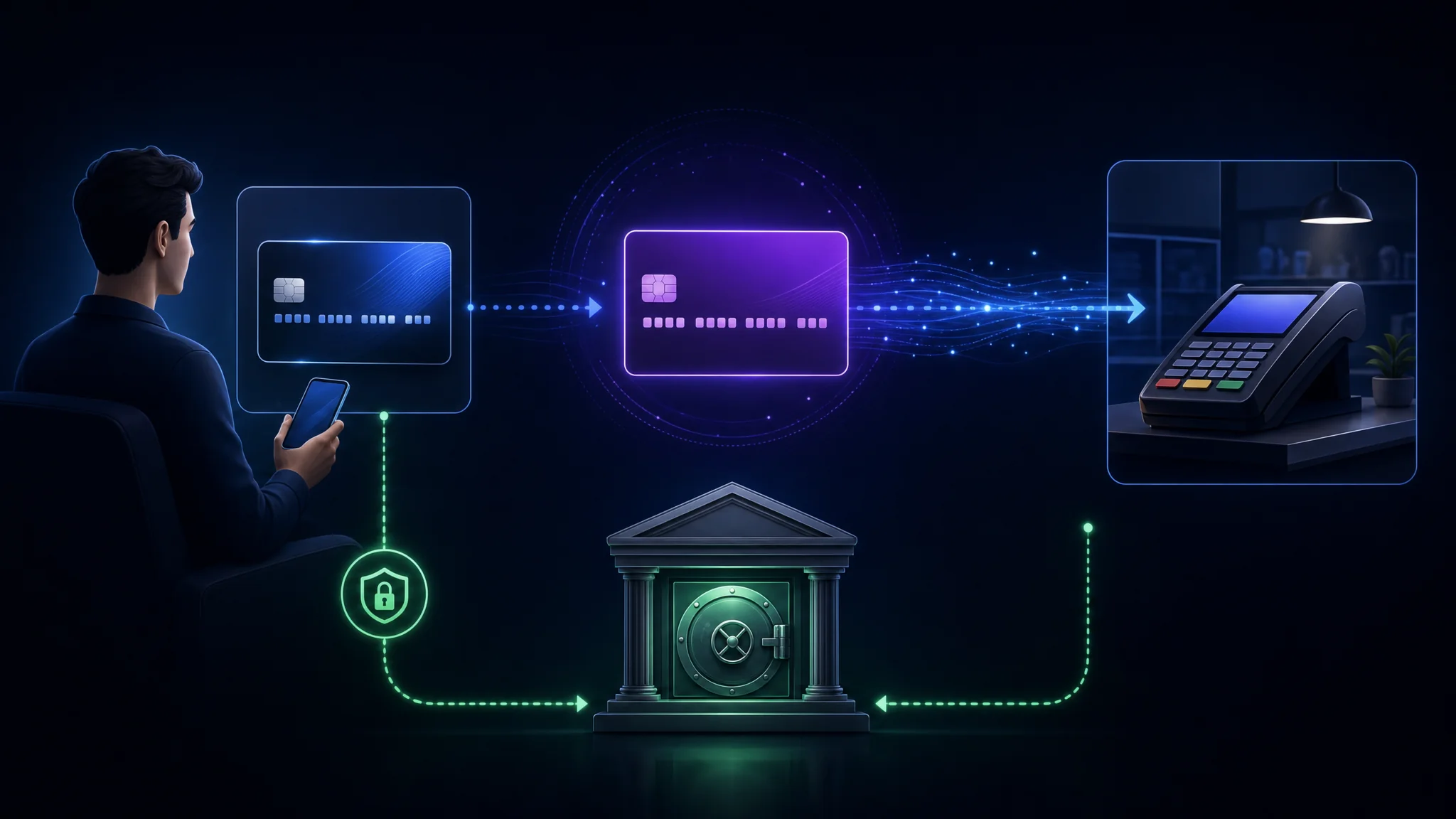 رسم بياني يوضح رقم البطاقة الافتراضية المرسل إلى التاجر بينما يبقى رقم البطاقة الحقيقي بين حامل البطاقة والبنك المصدر