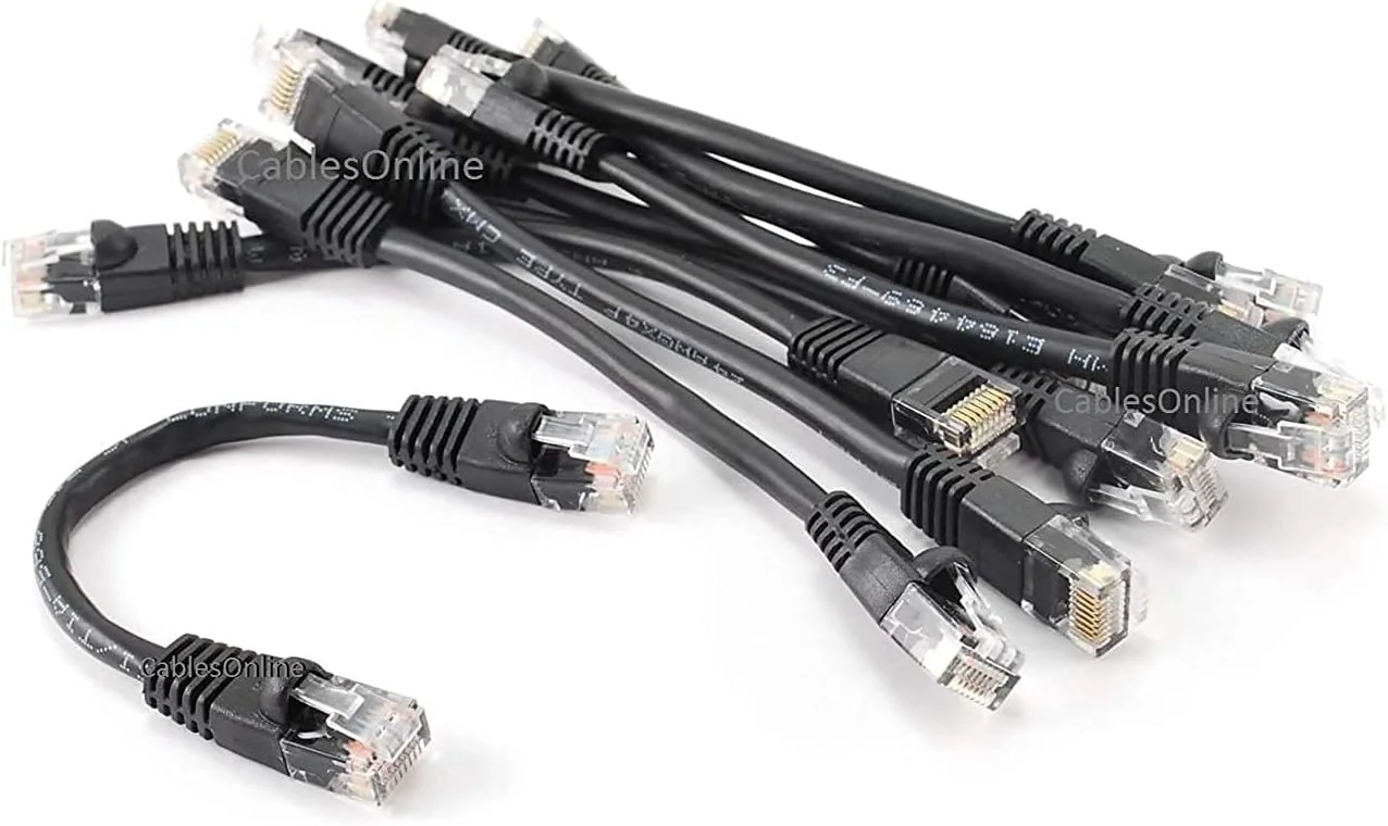 CablesOnline حزمة 10 كابلات تصحيح RJ45 إيثرنت CAT5e UTP بطول 6 إنش أسود كامل 8 أسلاك
