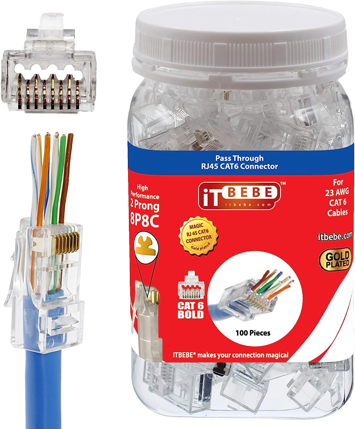 ITBEBE 50 قطعة موصل RJ45 Cat6 مطلي بالذهب مع تمرير نهاية