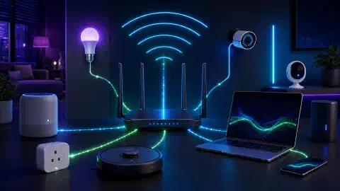 رسم توضيحي لإعداد شبكة منزلية حديثة، يتميز براوتر أنيق، وأجهزة IoT ذكية، ولابتوب، جميعها على خلفية داكنة مع لمسات زاهية من الأزرق والأخضر والبنفسجي.