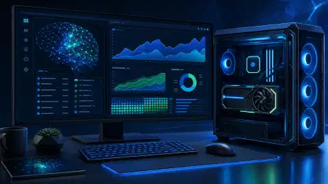 محطة عمل مكتبية مزودة ببطاقة GPU، مع مخططات مجردة ورسم لشبكة عصبية على الشاشة