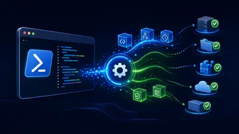 رسم توضيحي يظهر محطة PowerShell بأسلوب مميز مع رموز مجردة حولها، تمثل إدارة التكوين والأتمتة، على خلفية زرقاء داكنة.