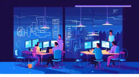 رسم كرتوني يصور مطورين يستخدمون Visual Studio Code وVisual Studio Community، يعملون معًا على تطوير الشيفرة.