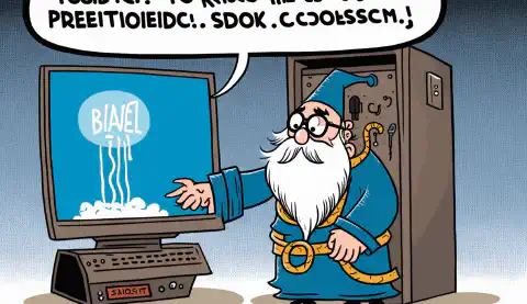 رسم كاريكاتوري لمعالج يلقي تعويذة لإصلاح جهاز كمبيوتر مجمّد ، مع فقاعة كلام تقول تم حل المشكلة