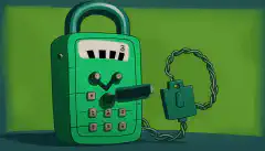 هاتف كرتوني بشاشة خضراء وقفل عليه ، يرمز إلى الأمان والتشفير ، مع نغمات DTMF موضحة في الخلفية