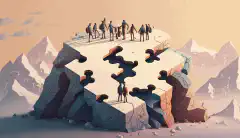 A group of people standing on a summit holding hands, with puzzle pieces fitting together in the foreground.
