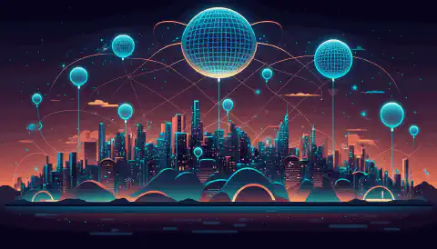 رسم توضيحي مبسط لمنظر المدينة مع العديد من أجهزة إنترنت الأشياء المتصلة بشبكة ممثلة على شكل شبكة من الضوء ، مع عرض شعار هيليوم بشكل بارز.