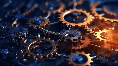صورة بأسلوب فني رمزي توضح شبكة من التروس المتصلة، ترمز إلى إدارة الشبكة بكفاءة وتحسينها.