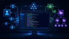رسم توضيحي لشاشة كمبيوتر تعرض وحدة تحكم PowerShell مع أوامر ملونة، محاطة بتمثيلات مجردة لحسابات المستخدمين والمجموعات، على خلفية داكنة.
