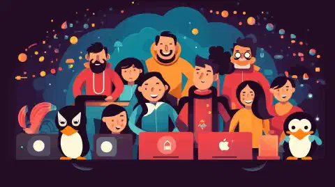 رسم توضيحي يظهر مجموعة من مستخدمي الحواسيب المتنوعين يستخدمون توزيعات لينكس مختلفة مع ابتسامات على وجوههم، مما يبرز سهولة وشمولية لينكس للمبتدئين