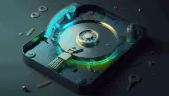 صورة لقرص صلب يتم مسحه بأمان باستخدام برنامج تطهير البيانات، مع قفل أو درع يرمز إلى الأمان في المقدمة