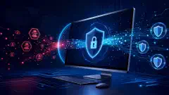 رسم توضيحي لشاشة كمبيوتر تعرض واجهة متصفح خصوصية مستقبلية مع رموز تجريدية لحماية البيانات والتشفير على خلفية كحلية داكنة.
