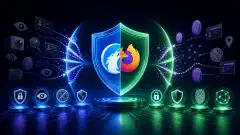 رسم توضيحي يظهر مشهداً رقمياً به هيكل يشبه الدرع يرمز إلى الخصوصية، محاط بأيقونات نابضة تمثل حماية البيانات، على خلفية داكنة.
