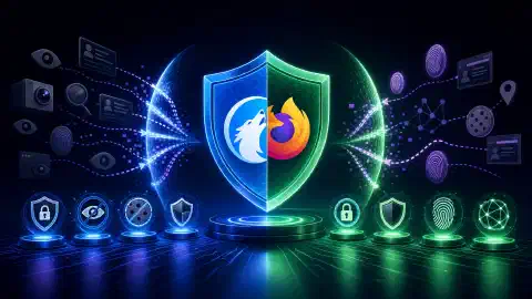 رسم توضيحي يظهر مشهداً رقمياً به هيكل يشبه الدرع يرمز إلى الخصوصية، محاط بأيقونات نابضة تمثل حماية البيانات، على خلفية داكنة.