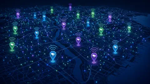 خريطة تفاعلية تعرض علامات ملونة تشير إلى مواقع كاميرات Flock Safety ALPR، مع إشارات WiFi مجردة تنبثق من العلامات على خلفية داكنة.