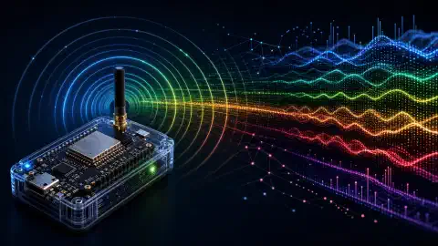 رسم توضيحي يظهر جهاز ESP32 في المقدمة يفحص إشارات WiFi. تمثل الأمواج الملونة قوى إشارات مختلفة على خلفية داكنة.