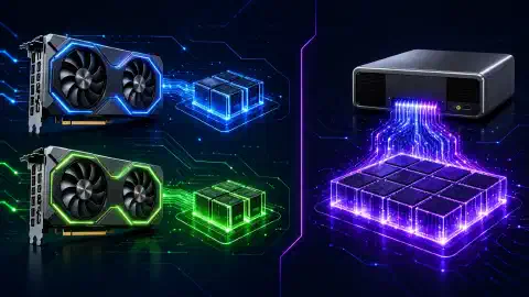 رسم يوضح بطاقتي NVIDIA RTX 5060 Ti على اليسار ونظام NVIDIA GB10 على اليمين، مع إبراز كليهما على خلفية داكنة بألوان زاهية.