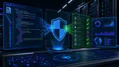 رسم توضيحي لغرفة خوادم مستقبلية مع شاشات متوهجة تعرض هياكل ملفات XML و BIN المتعلقة بـ Windows Defender Application Control. الخلفية الداكنة تعزز الألوان الزاهية.